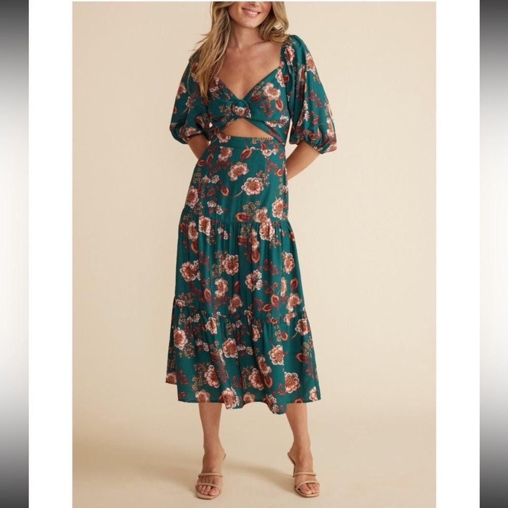 Minkpink Olivia Midi Green Floral Tiered Cut Out Dress- Size Small